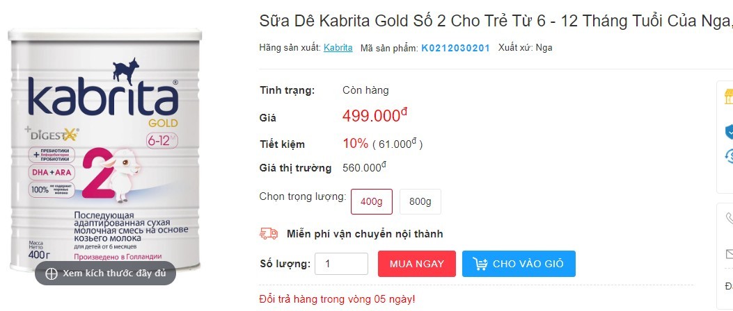 sữa dê, sữa kê Kabrita, sữa dê Nga