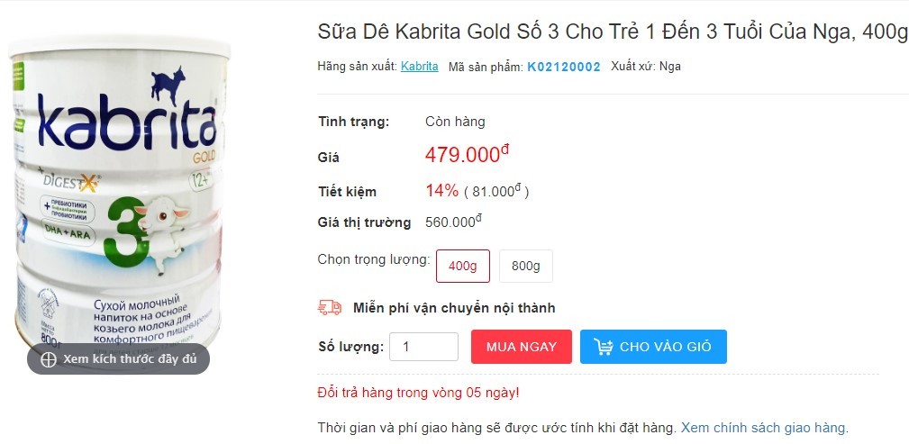 sữa dê, sữa kê Kabrita, sữa dê Nga